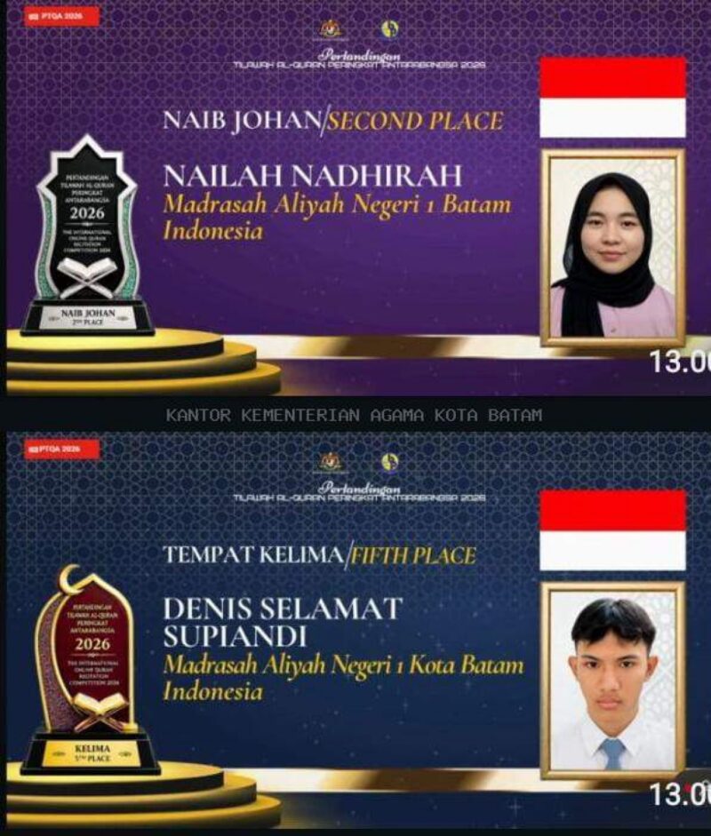 Dalam ajang International Online Al-Quran Recitation Competition 2026 yang diselenggarakan oleh SM Sains Batu Pahat, Johor Bahru, Malaysia, perwakilan MAN 1 Kota Batam berhasil membawa pulang penghargaan membanggakan bagi Indonesia. Foto: INIKEPRI.COM/MAN 1 Batam