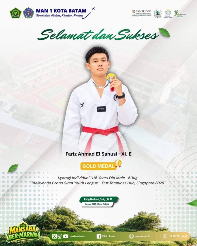 Fariz Ahmad El-Sanusi, siswa kelas XI.E, berhasil memboyong medali emas dalam kejuaraan Taekwondo Grand Slam Youth League 2026. Foto: INIKEPRI.COM/MAN 1 BATAM