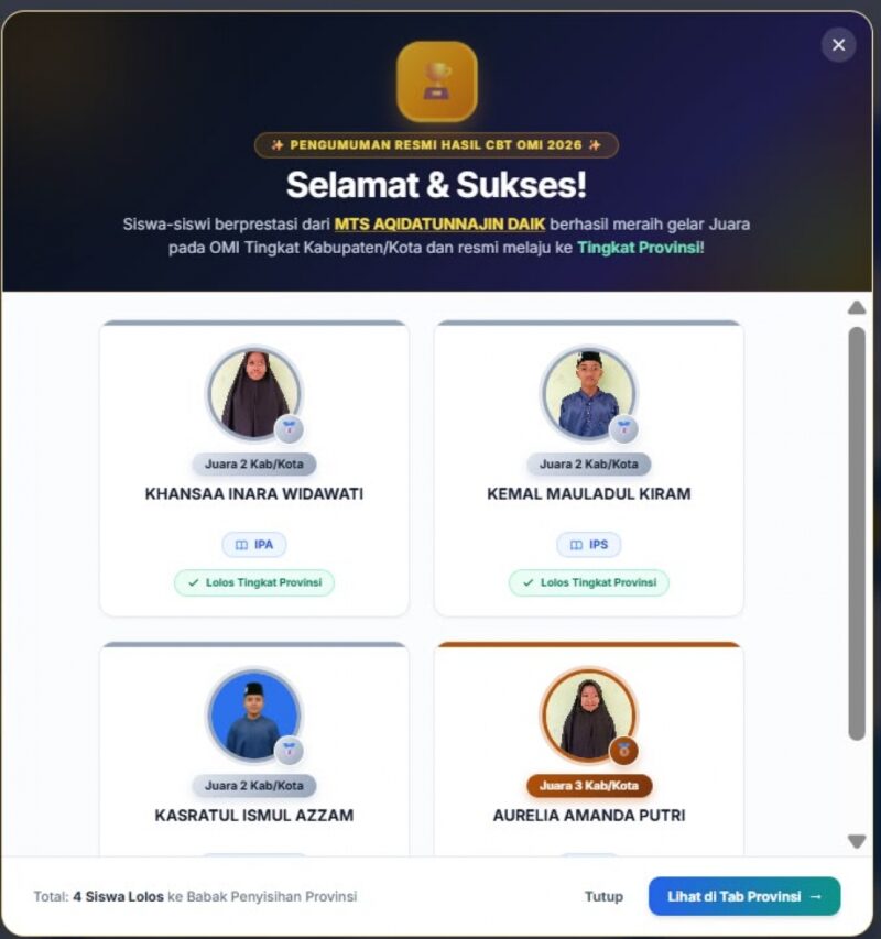 Empat siswa MTs Aqidatunnajin Daik berhasil meraih posisi juara dan memastikan tiket menuju OMI tingkat Provinsi Kepulauan Riau. Foto: INIKEPRI.COM